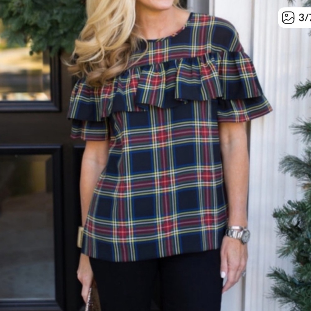 NEW J. Crew Stewart Plaid Ruffle Top Short Sleeve Black 0